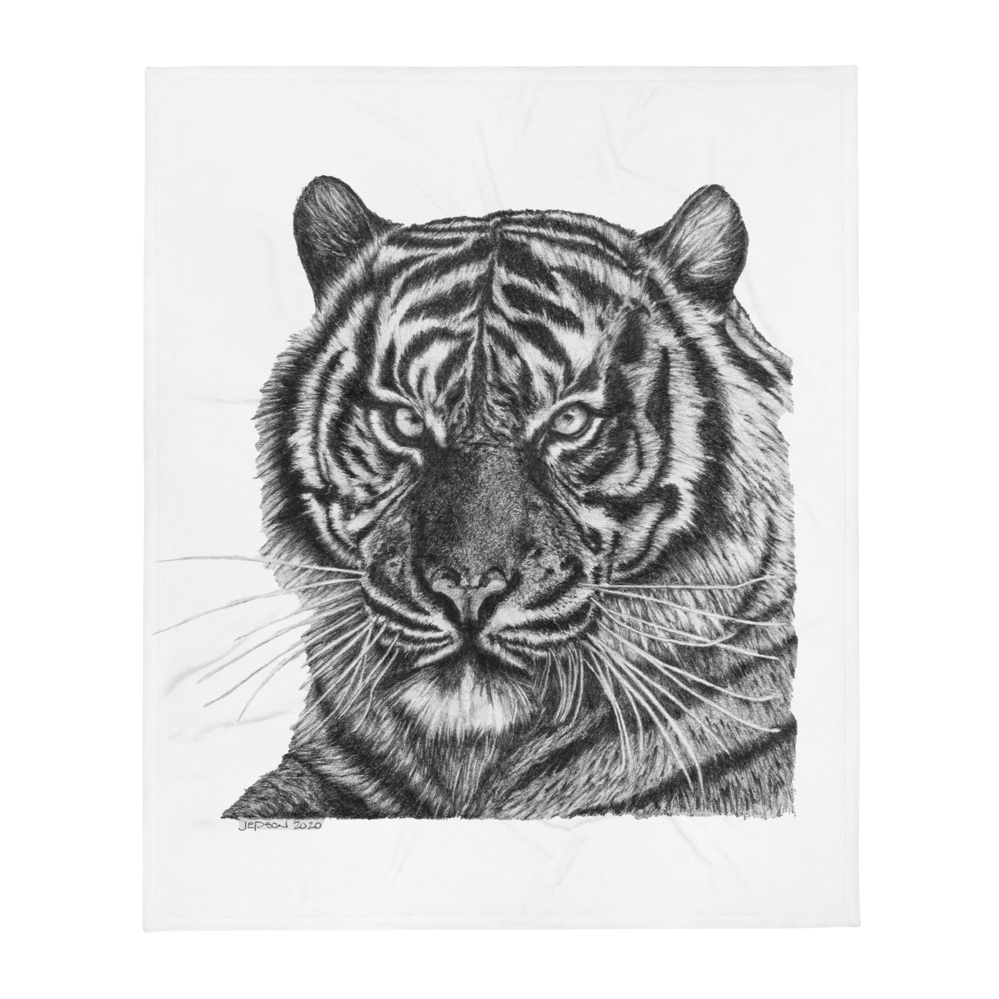 This "Tiger Throw Blanket" is from a drawing of mine created with a graphite pencil. It has been digitally optimized and transferred to a 100% Polyester throw blanket.