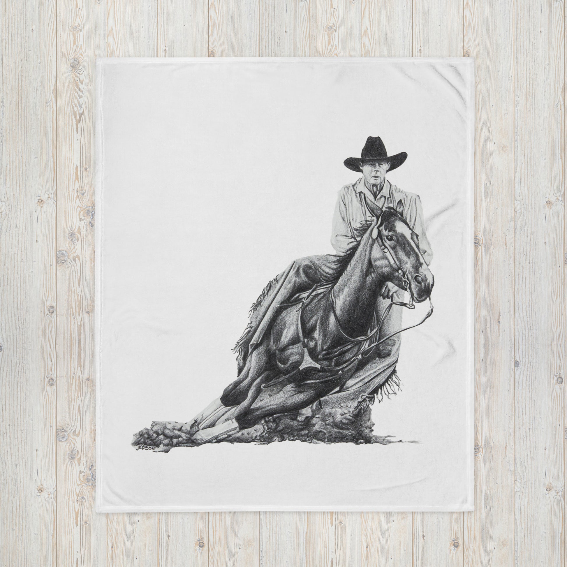 These "Cowboy Throw Blanket" are from a drawing of mine created with graphite pencil. It is titled "A Cut Above" as it is a cowboy on a cutting horse. It has been digitally optimized and transferred to a poly-cotton blend canvas.