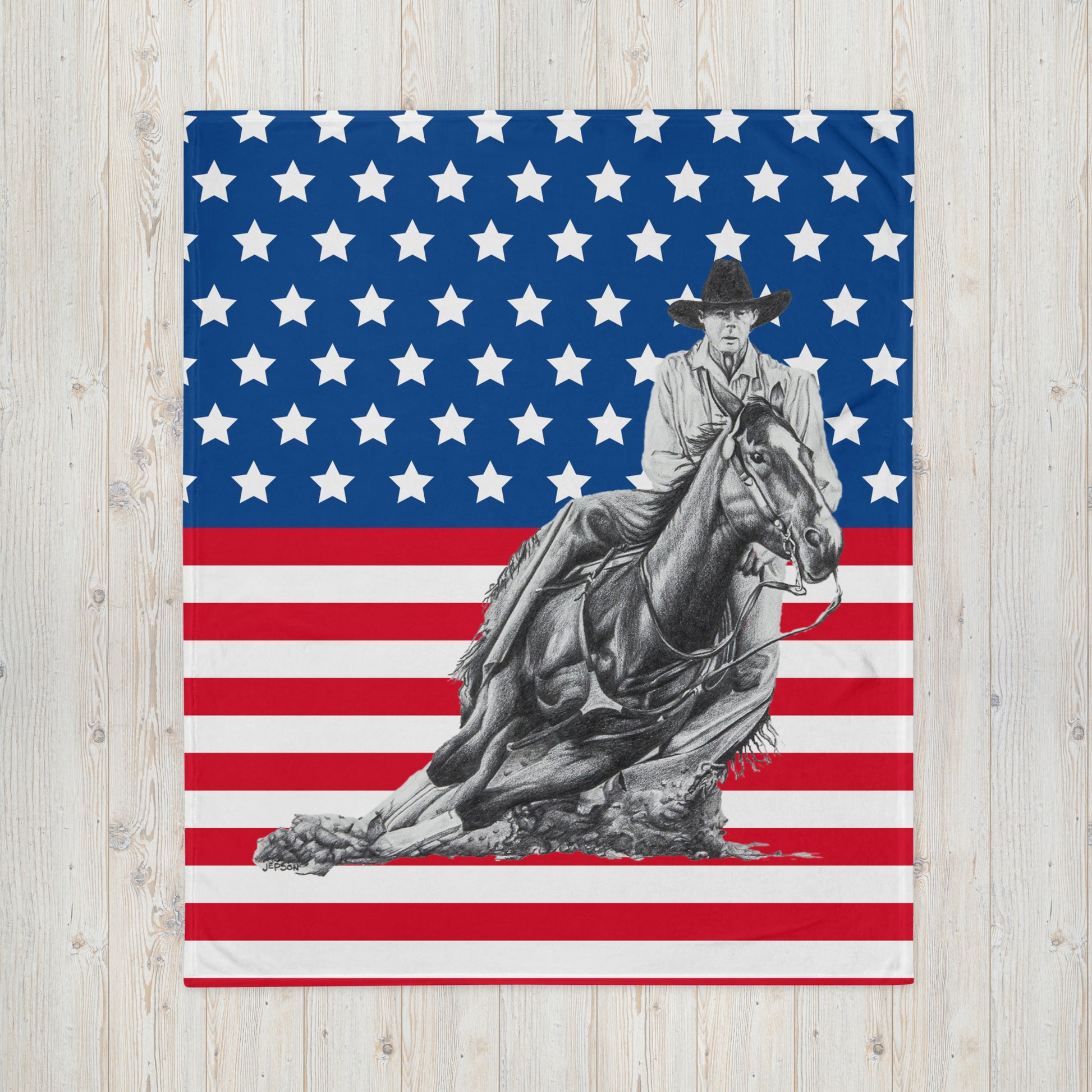 These "Cowboy Throw Blanket" are from a drawing of mine created with a graphite pencil. It is titled "A Cut Above" as it is a cowboy on a cutting horse. It has been digitally optimized and transferred to a poly-cotton blend canvas.