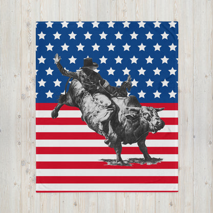 This "Bull Rider Throw Blanket (F)" is a drawing of mine created with graphite pencil. A Stars and Stripes effect has been added to the background to give it a little more dynamic look, rodeos are very patriotic events.