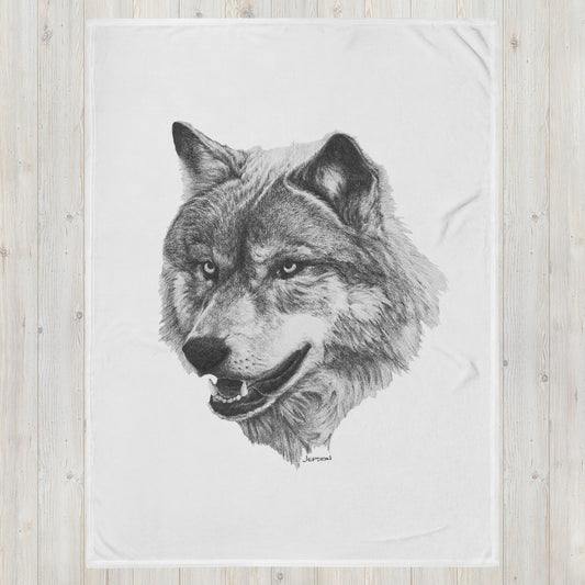 This "Wolf Throw Blanket" is from a drawing of mine created with a graphite pencil. It has been digitally optimized and transferred to a 100% Polyester throw blanket.