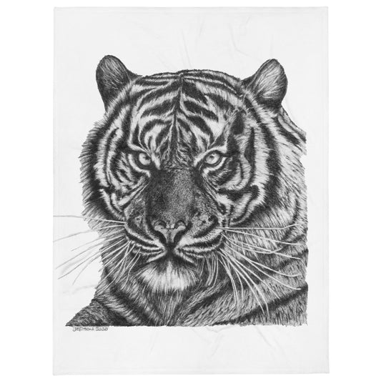 This "Tiger Throw Blanket" is from a drawing of mine created with a graphite pencil. It has been digitally optimized and transferred to a 100% Polyester throw blanket.