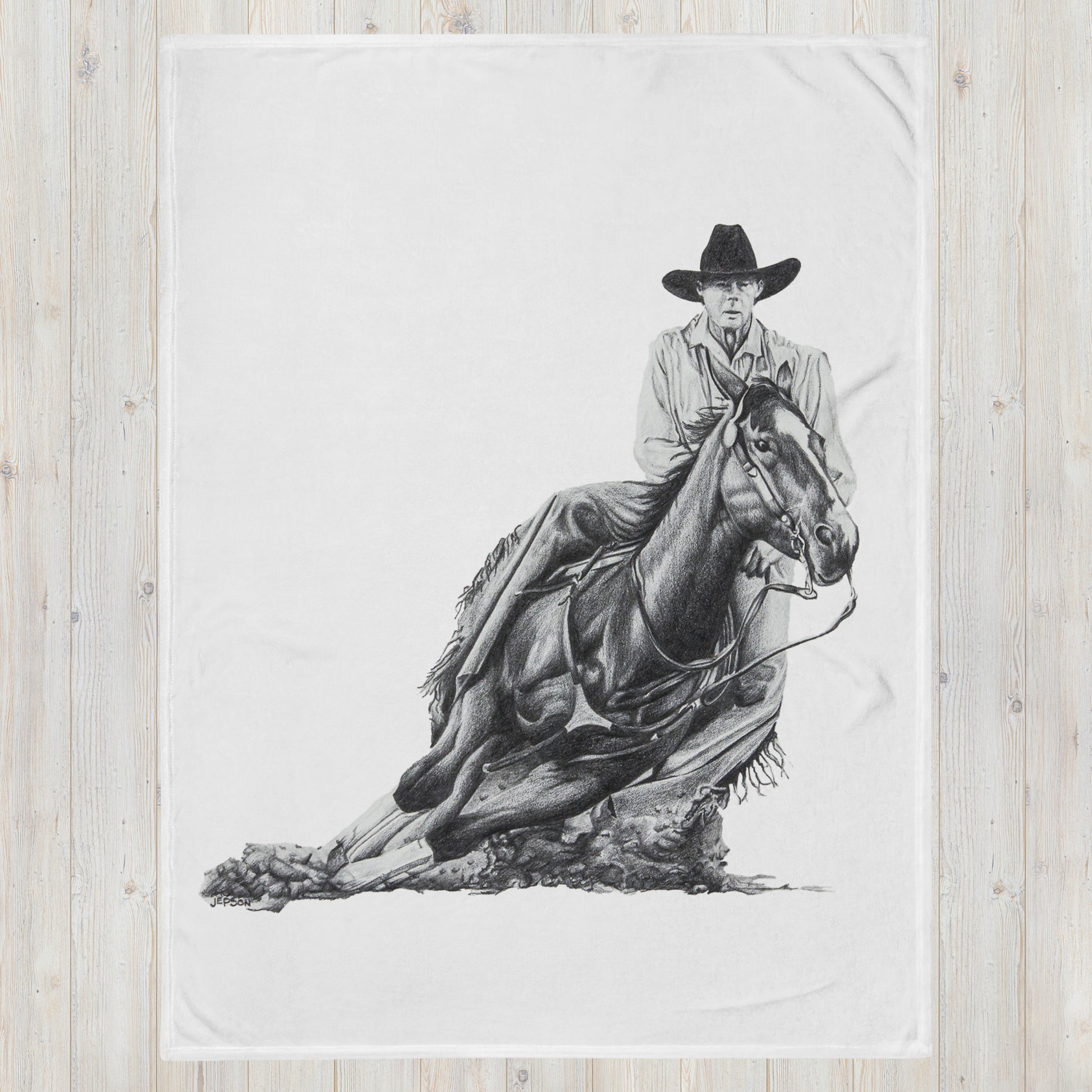 These "Cowboy Throw Blanket" are from a drawing of mine created with graphite pencil. It is titled "A Cut Above" as it is a cowboy on a cutting horse. It has been digitally optimized and transferred to a poly-cotton blend canvas.