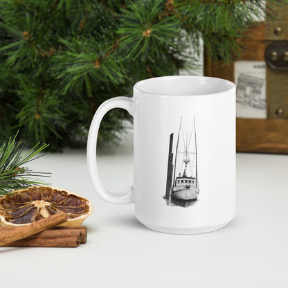 This "Fishing Boat  White Glossy Mug " are from a drawing of mine created with a graphite pencil. It has been digitally optimized and transferred to a 15oz white glossy mug.
