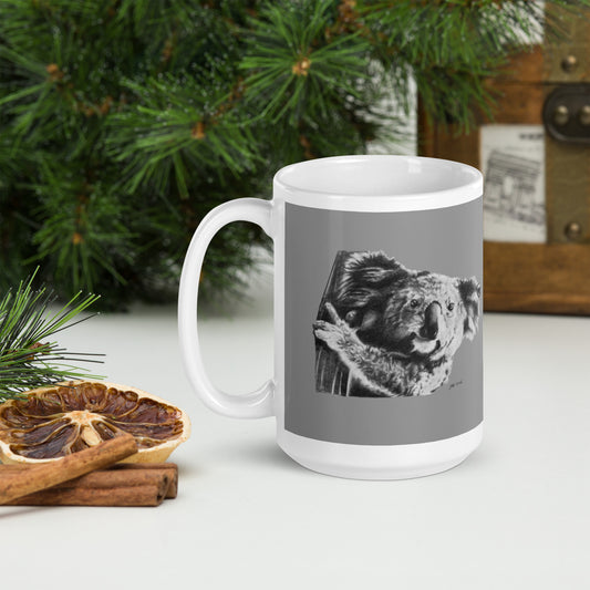 This "Koala White Glossy Mug" is from a drawing of mine created with a graphite pencil. It has been digitally optimized and transferred to a 15oz white glossy mug.