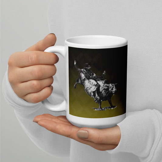This "Bull Rider White Glossy Mug" is from a drawing of mine created with graphite pencil. It has been digitally optimized and transferred to a 15oz white glossy mug.