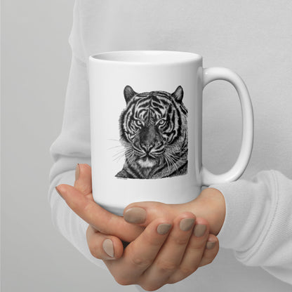 This "Tiger White Glossy Mug" is from a drawing of mine created with a graphite pencil. It has been digitally optimized and transferred to a 15oz white glossy mug.