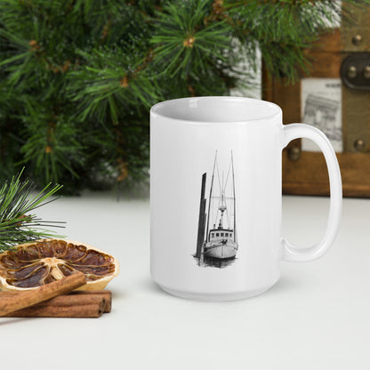 This "Fishing Boat White Glossy Mug " are from a drawing of mine created with a graphite pencil. It has been digitally optimized and transferred to a 15oz white glossy mug.