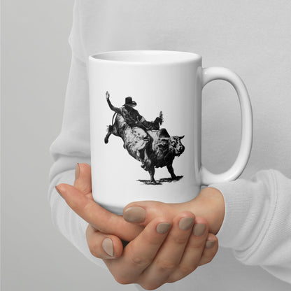 This "Bull Rider White Glossy Mug" is from a drawing of mine created with graphite pencil. It has been digitally optimized and transferred to a 15oz white glossy mug.