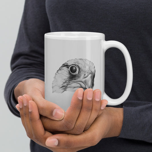 This "Hawk White Glossy Mug" is from a drawing of mine created with a graphite pencil. It has been digitally optimized and transferred to a 15oz white glossy mug.