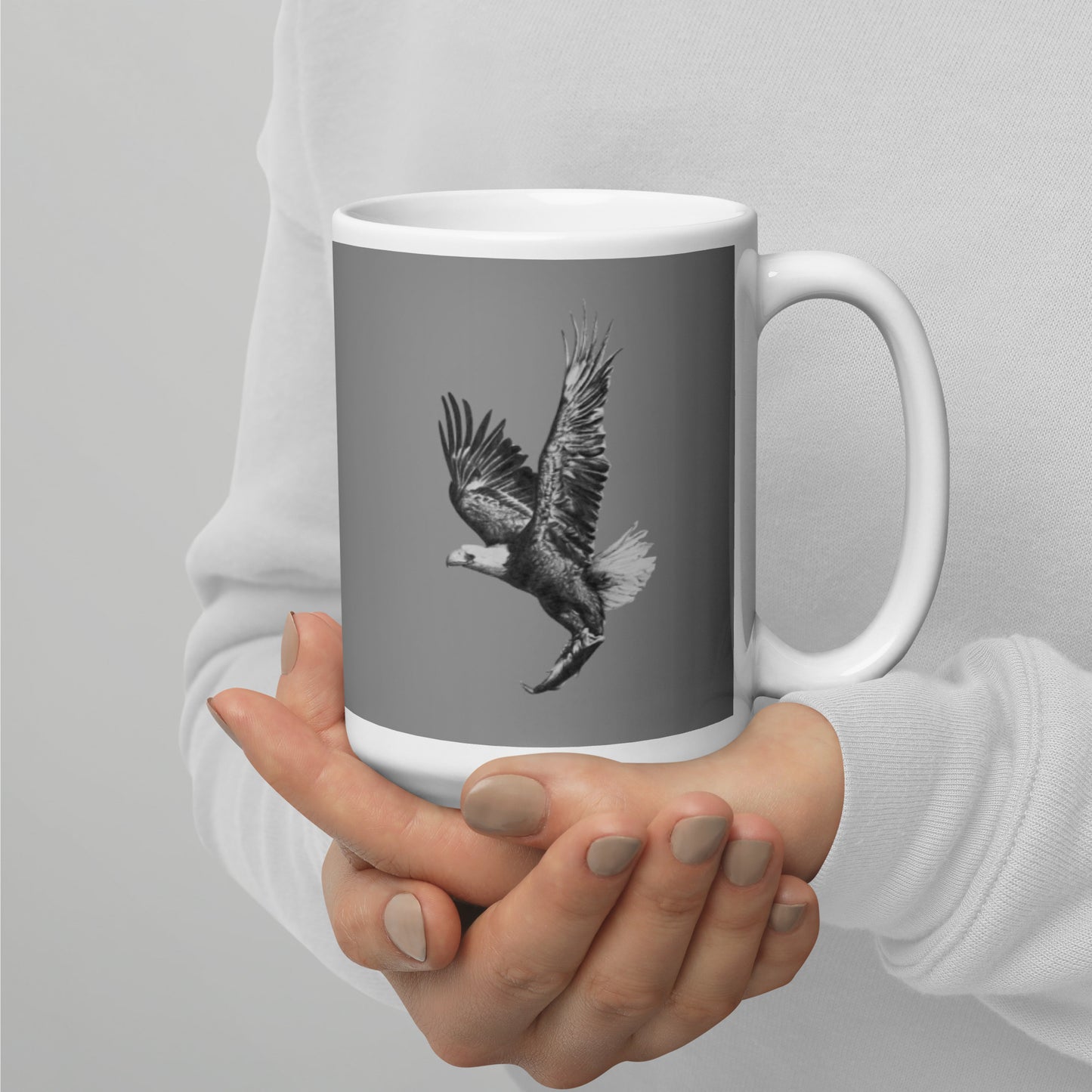 This "Eagle White Glossy Mug" is from a drawing of mine created with a graphite pencil. It has been digitally optimized and transferred to a 15oz white glossy mug.
