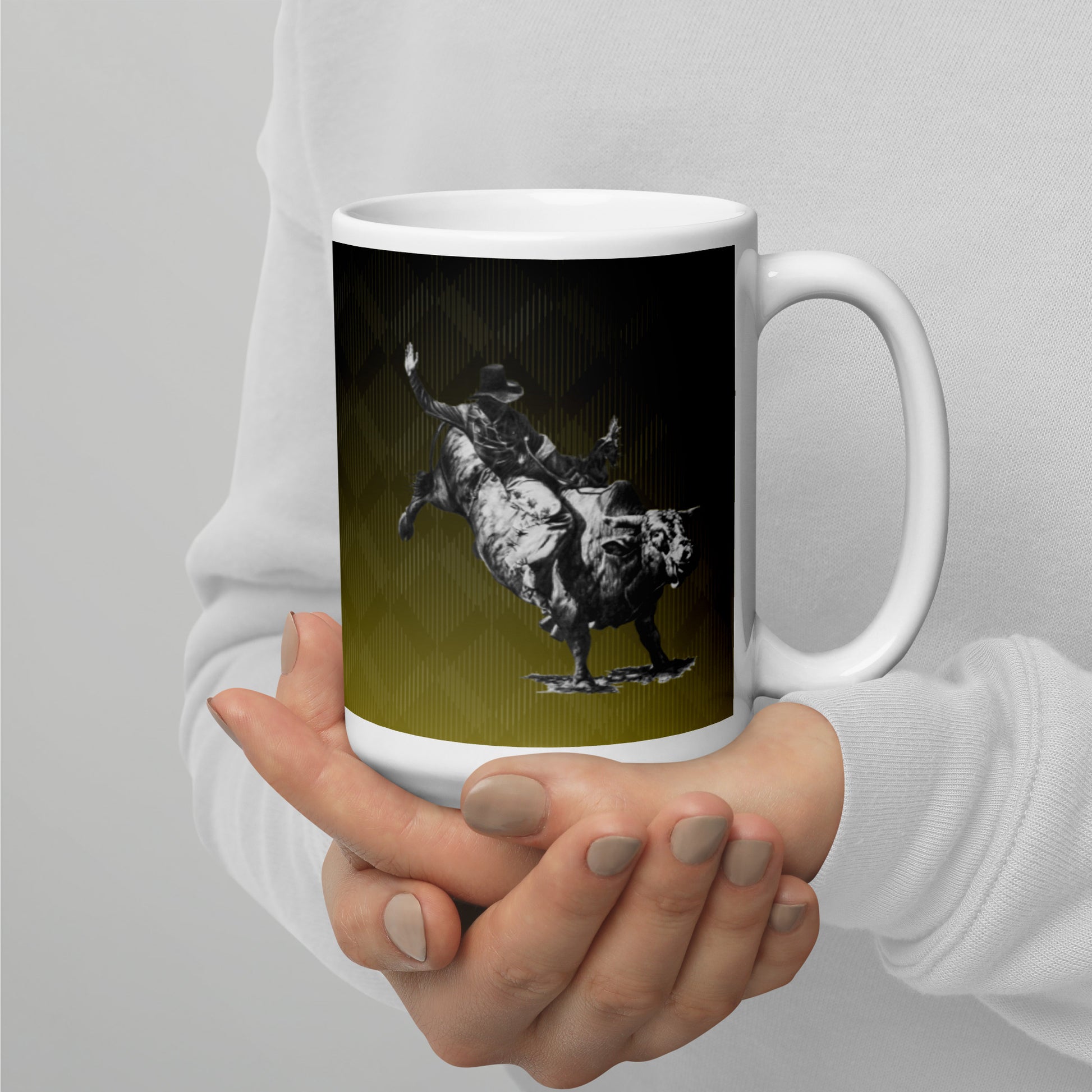 This "Bull Rider White Glossy Mug" is from a drawing of mine created with graphite pencil. It has been digitally optimized and transferred to a 15oz white glossy mug.