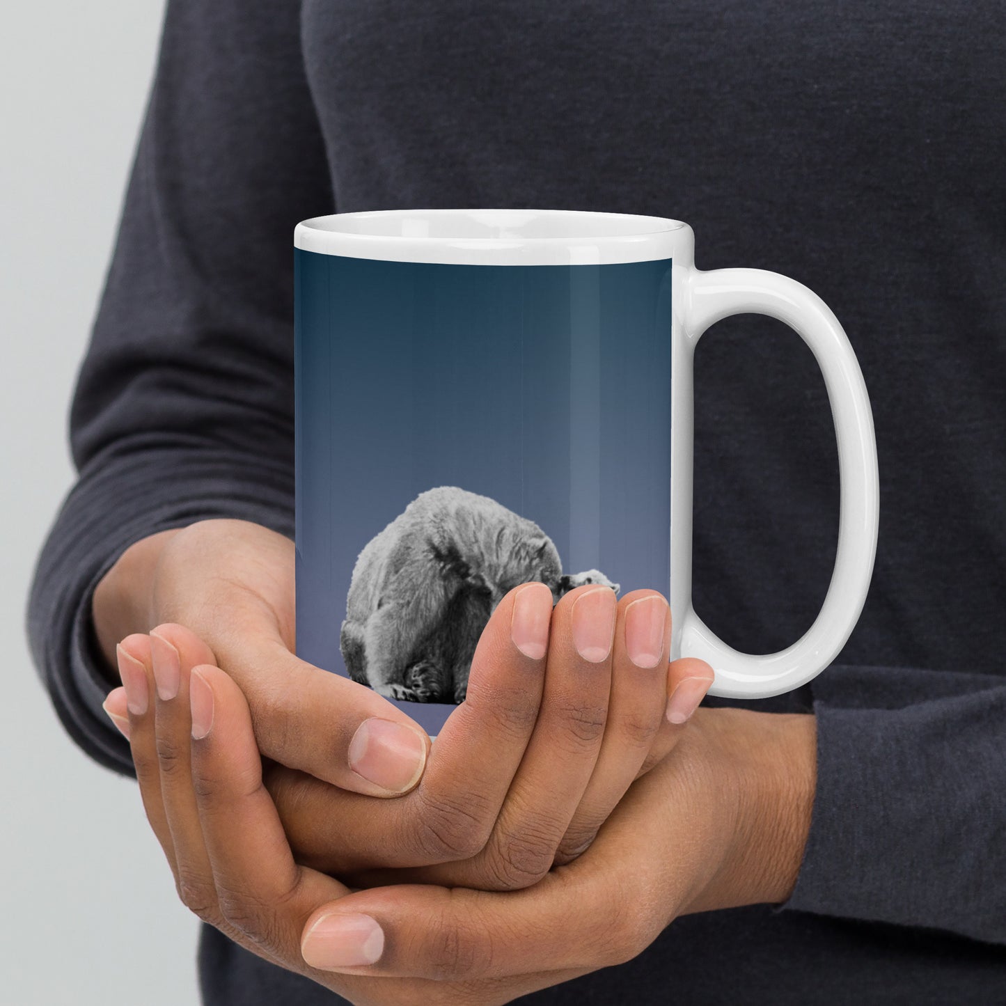 This "Polar Bear White Glossy Mug (B)" is from a drawing of mine created with a graphite pencil. It has been digitally optimized and transferred to a 15oz white glossy mug.