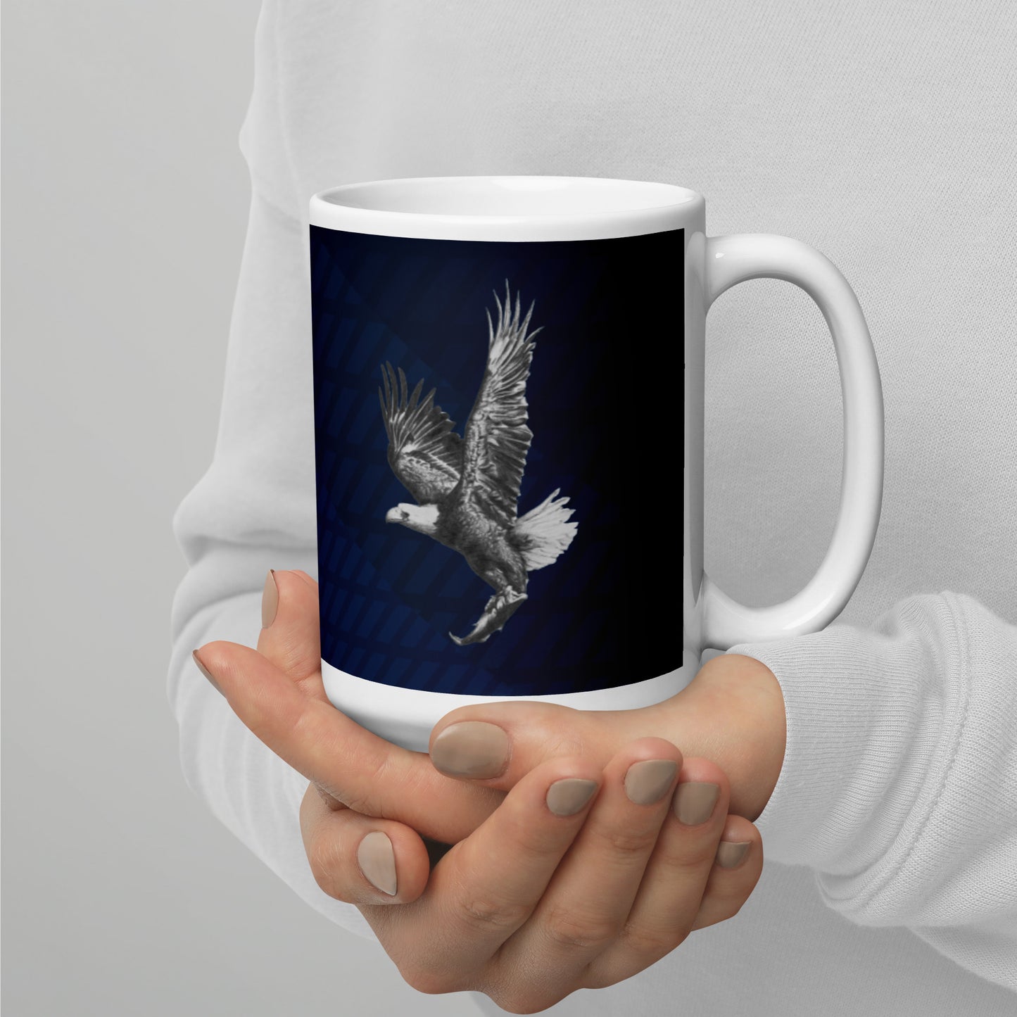 This "Eagle White Glossy Mug(B)" is from a drawing of mine created with a graphite pencil. It has been digitally optimized and transferred to a 15oz white glossy mug.