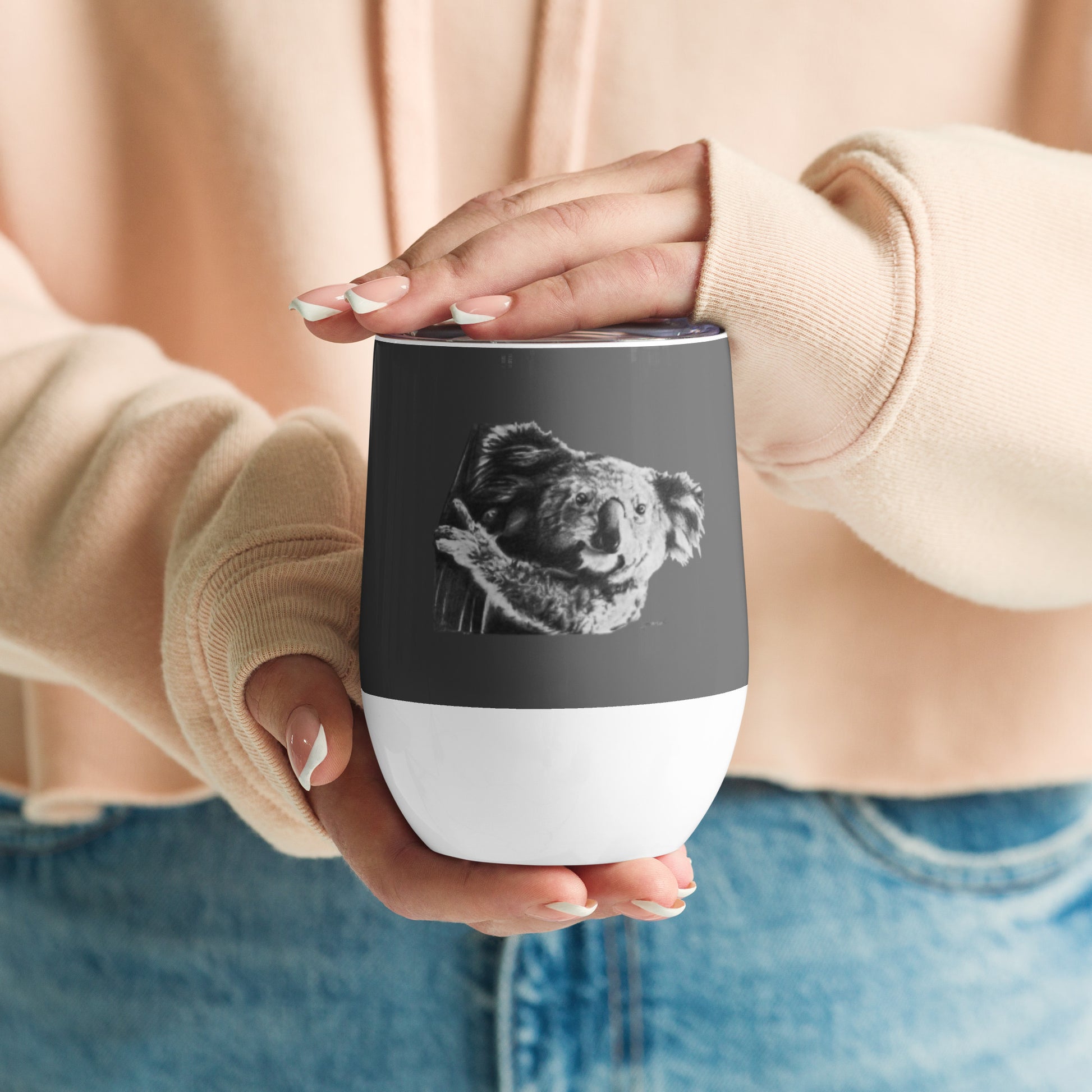 This "Koala Wine Tumbler (G)" is from a drawing of mine created with a graphite pencil. It has been digitally optimized and transferred to a 12oz wine tumbler.