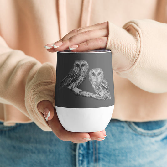 This "Owl Wine Tumbler (G)" is from a drawing of mine created with a graphite pencil. It has been digitally optimized and transferred to a 12oz White Wine Tumbler.