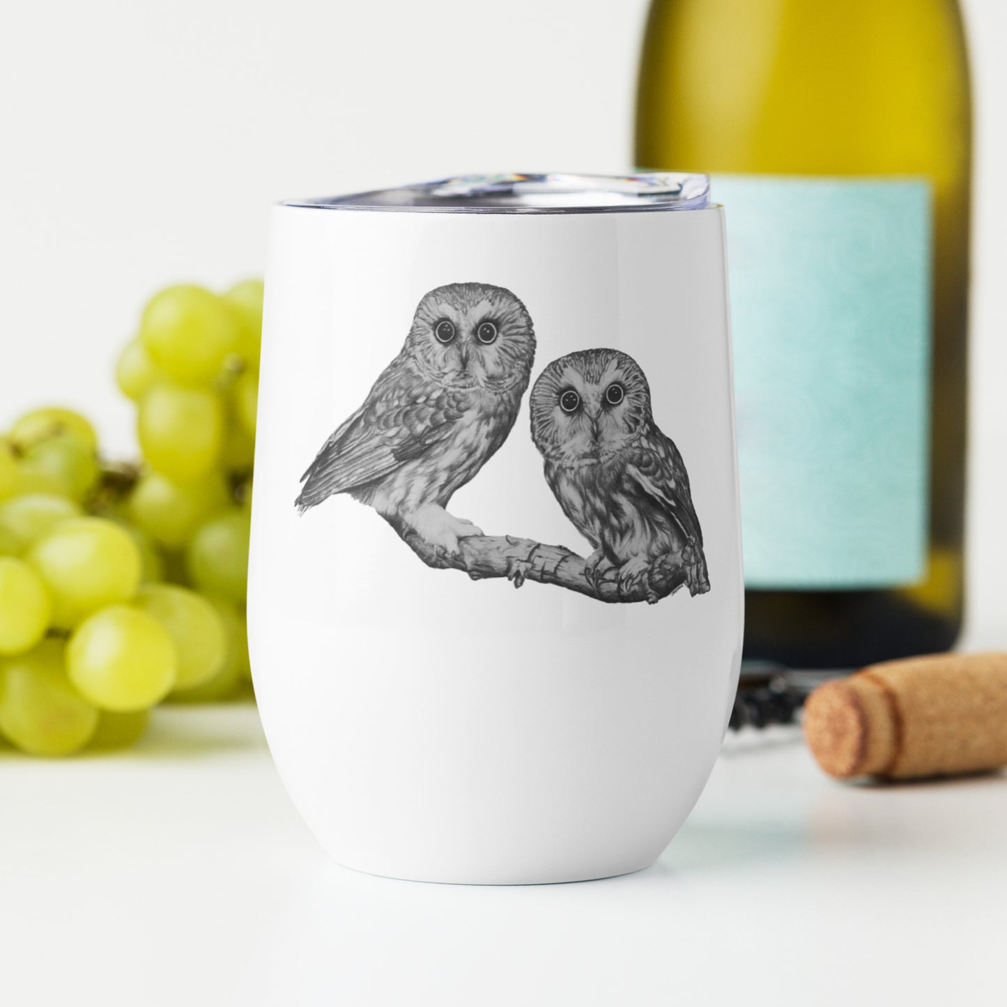 This "Owl Wine Tumbler (W)" is from a drawing of mine created with a graphite pencil. It has been digitally optimized and transferred to a 12oz White Wine Tumbler.
