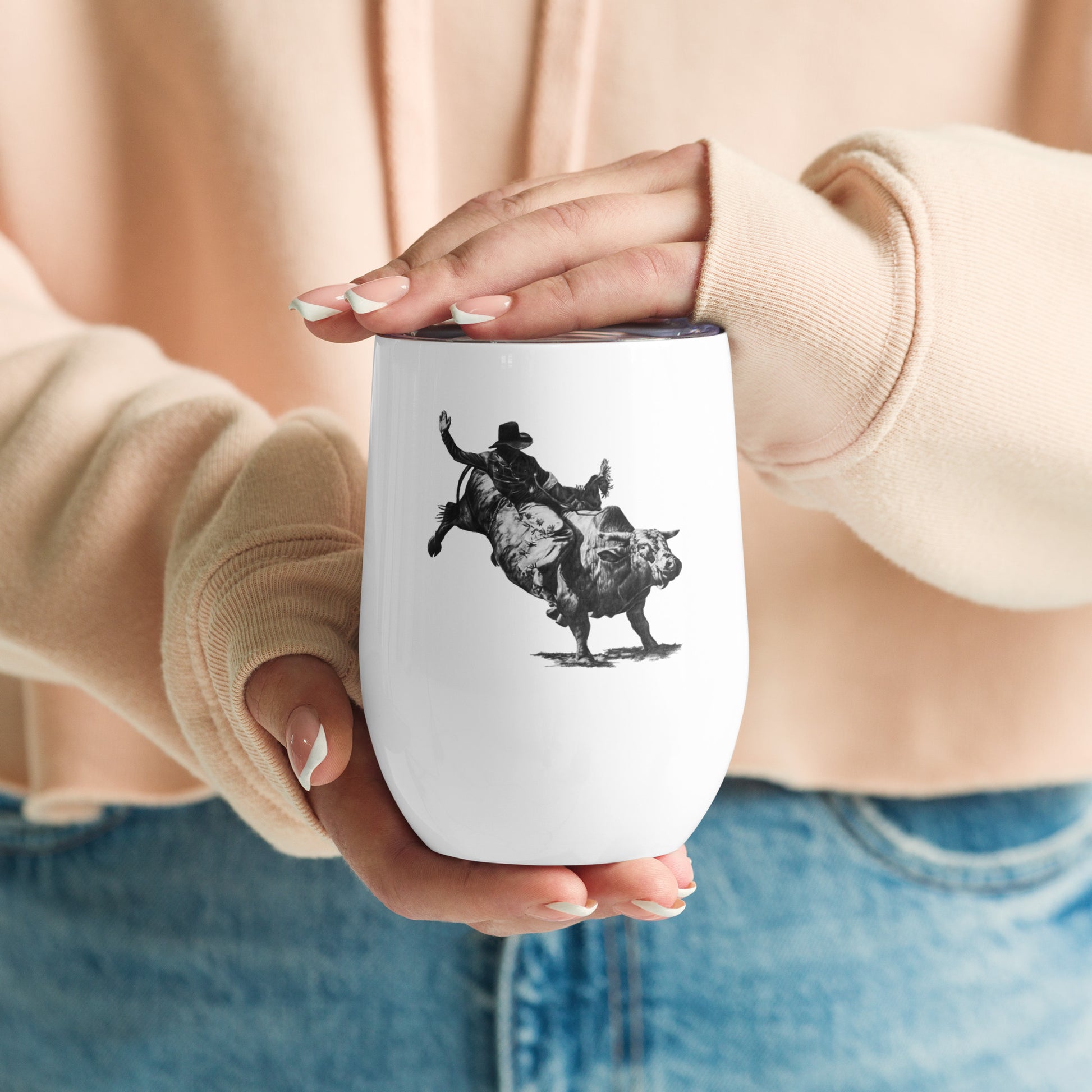 This "Bull Rider Wine Tumbler (W)" is from a drawing of mine created with a graphite pencil. It has been digitally optimized and transferred to a 12oz wine tumbler.