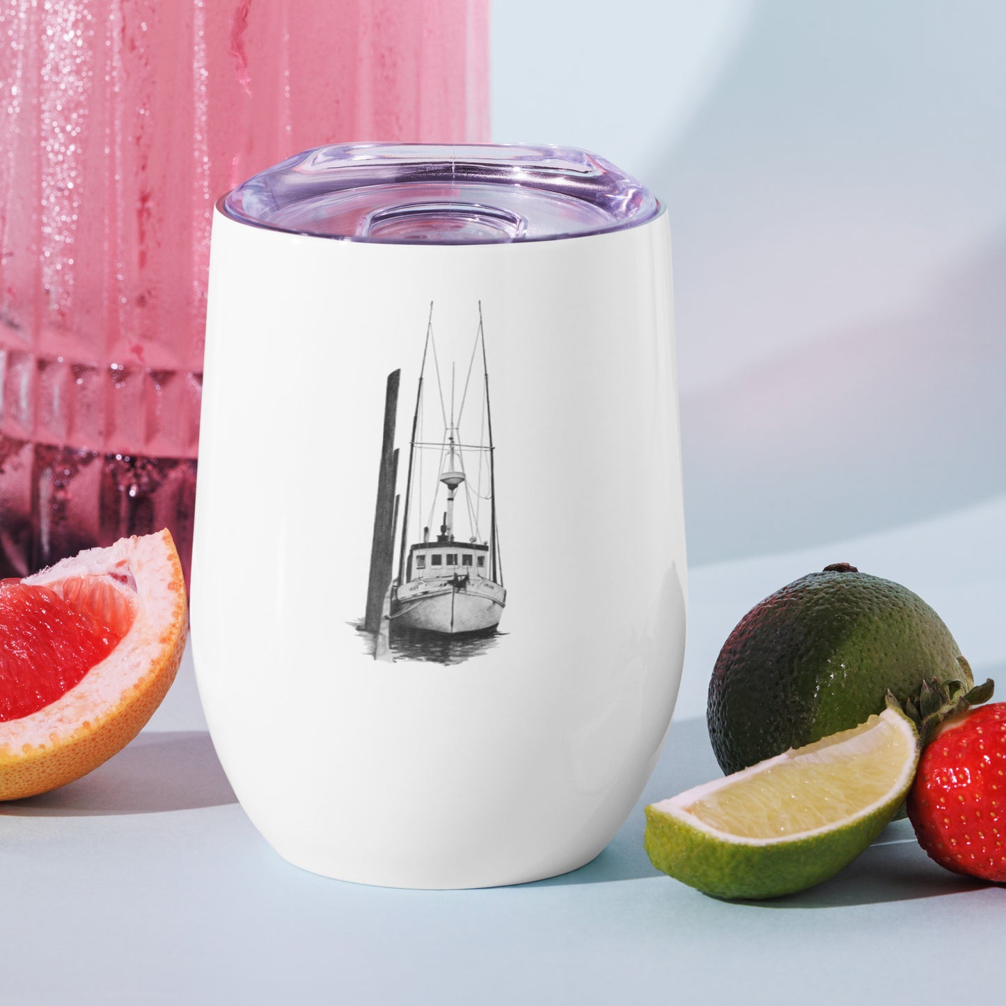 This "Fishing Boat Wine Tumbler" are from a drawing of mine created with a graphite pencil. It has been digitally optimized and transferred to a 12oz White Wine Tumbler.