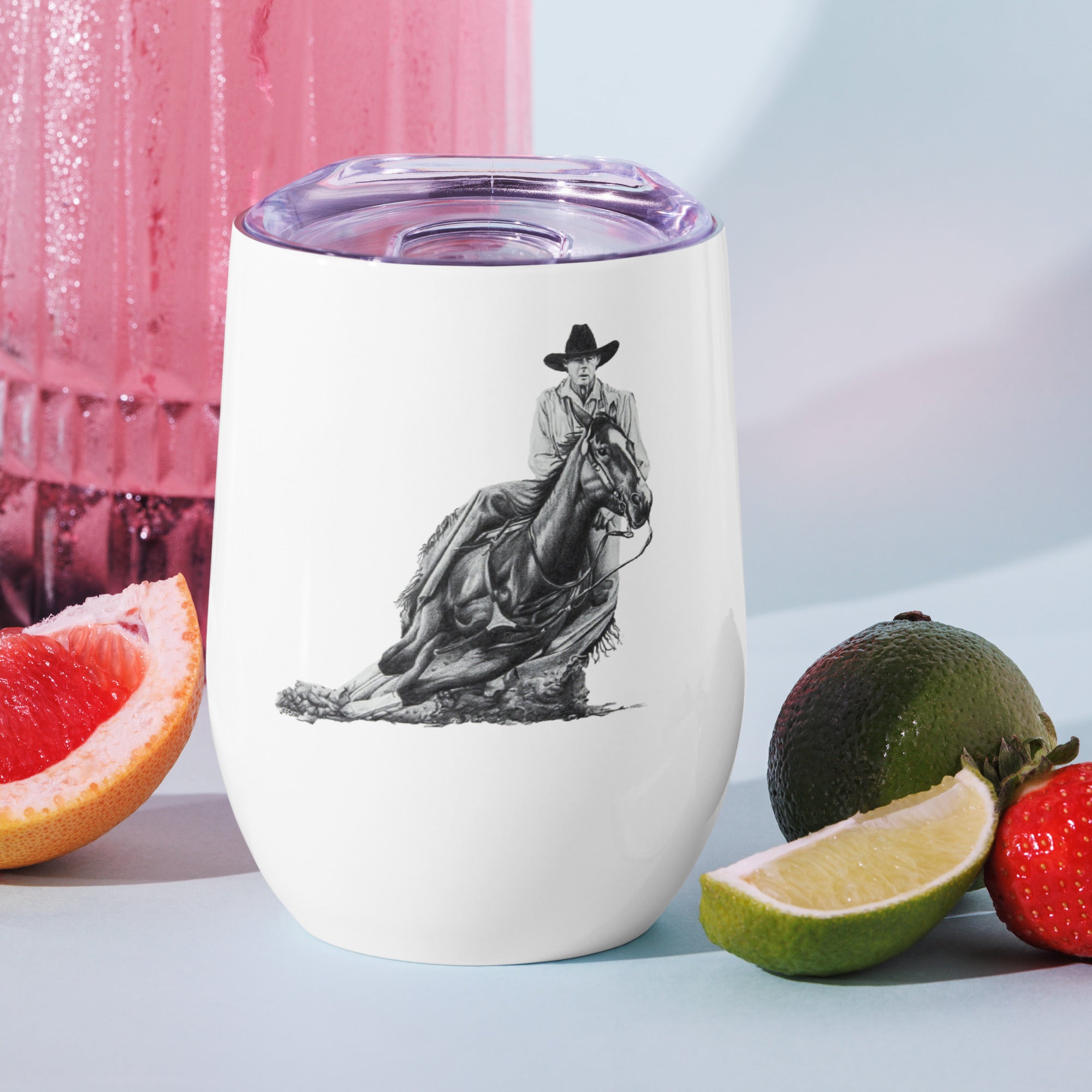 This "Cowboy Wine Tumbler" is from a drawing of mine created with a graphite pencil. It is titled "A Cut Above" as it is a cowboy on a cutting horse. It has been digitally optimized and transferred to a 12oz wine tumbler.